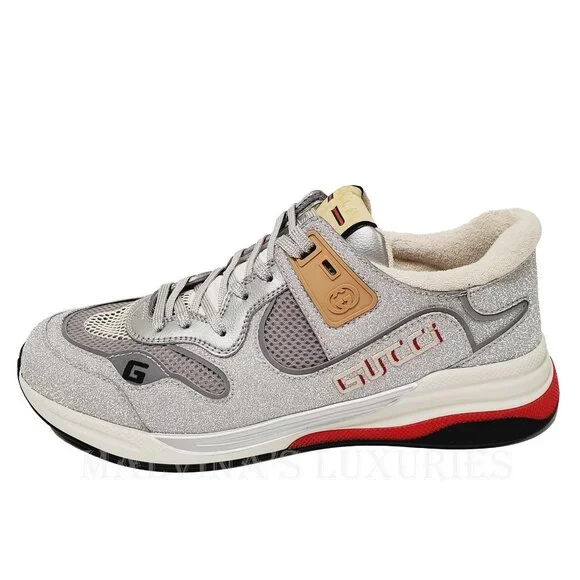 GUCCI SNEAKERS MENS ULTRAPACE SILVER LEATHER SHOES w LOGO